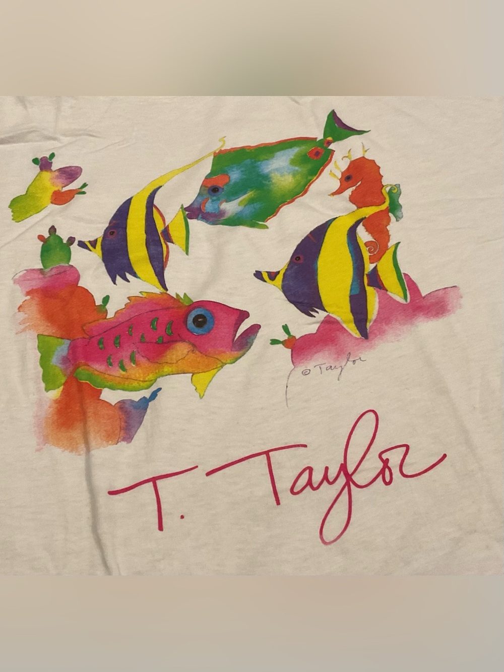 Tracy Taylor White Teeshirt with Colorful Fish Graphic.